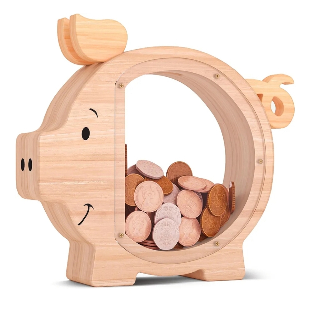 Wooden Piggy Bank with Clear Window
